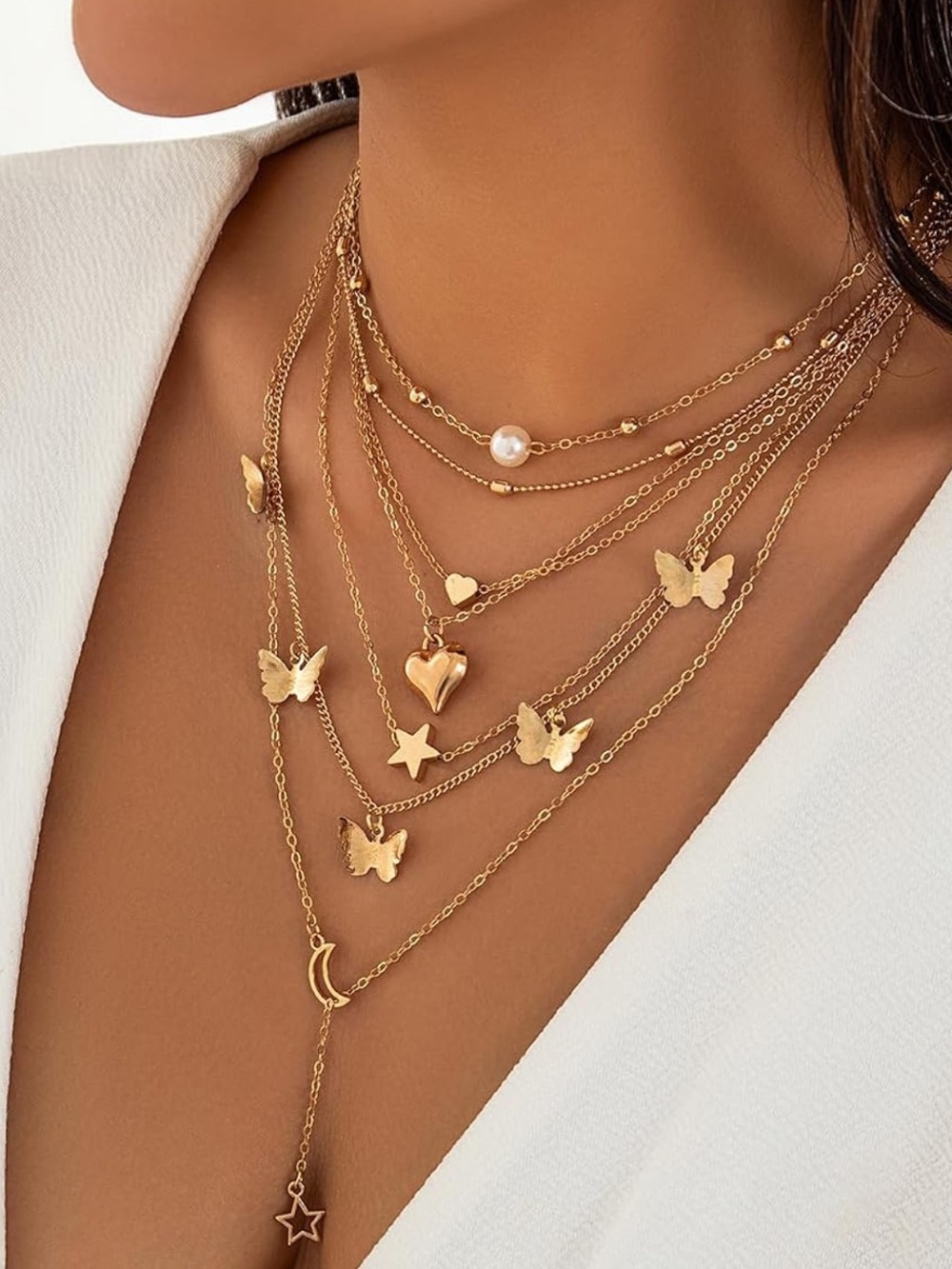 Anthropologie Gold Multi-Layer Butterfly Charm Necklace - Picture 7 of 7